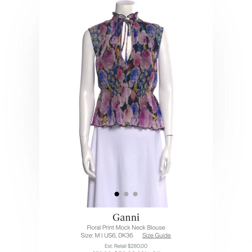 Ganni Floral Sleeveless Ruffled Neck Top in Black, Pink, Purple - Picture 11 of 12